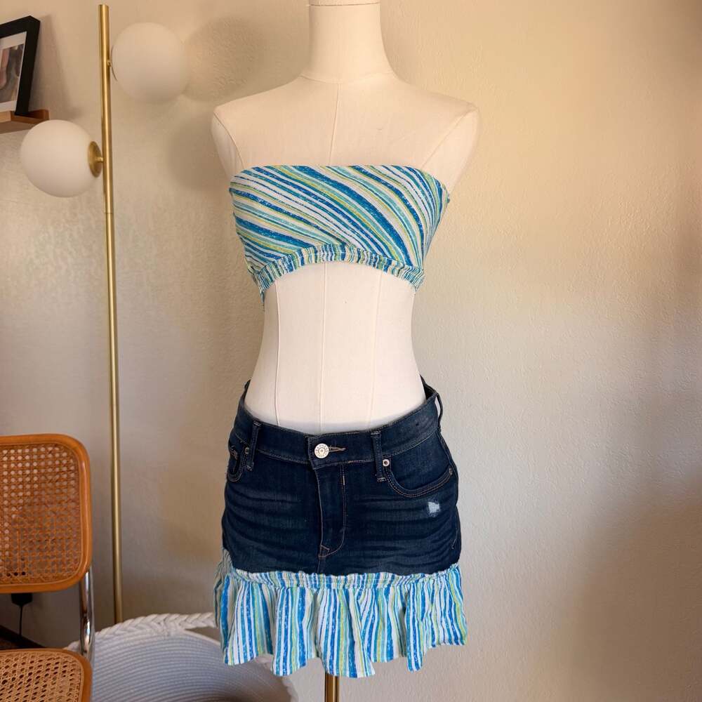 Express Dark Denim Mini Skirt Ruffle Hem & Striped Bandeau Top Set Size 6S
